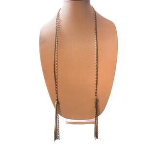 Vintage Lariat Tassel Necklace Faux Pearl Rhinestone Long Gold Tone Multi Strand